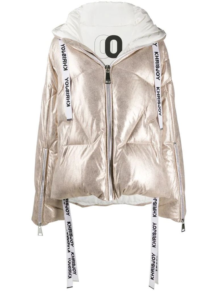 metallic logo puffer jacket