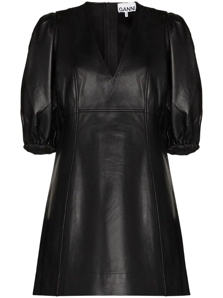 V-neck puff-sleeve leather mini dress