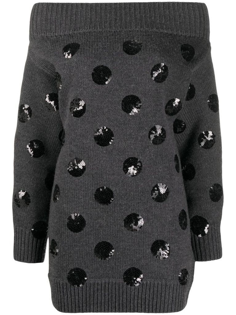 sequin polka dot off-shoulder knit dress