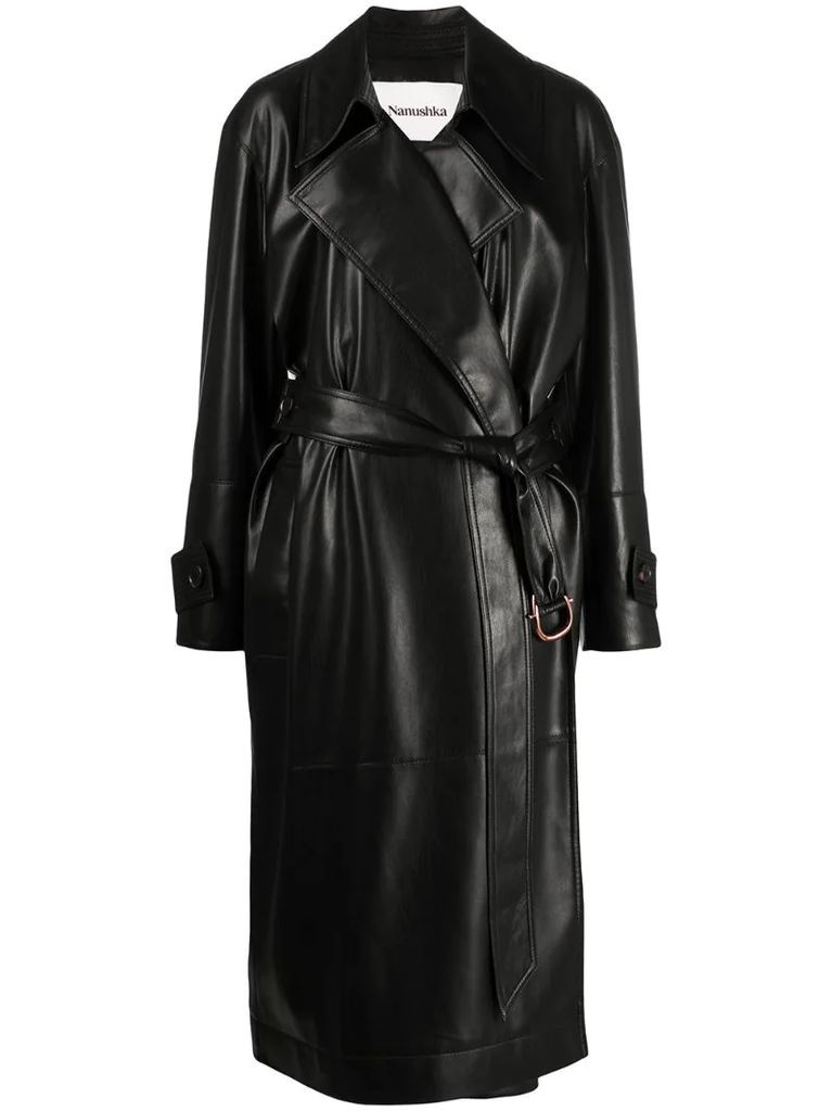 belted faux-leather coat