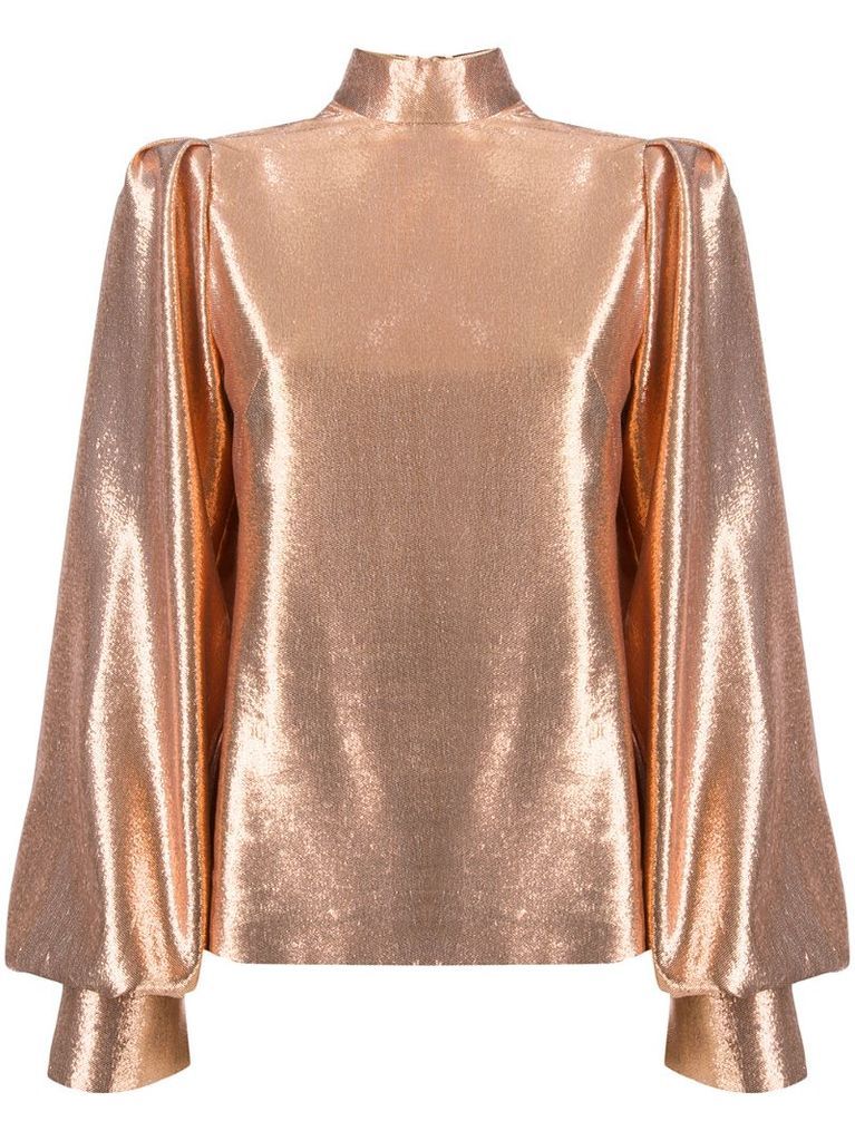 metallic bishop-sleeve silk blouse