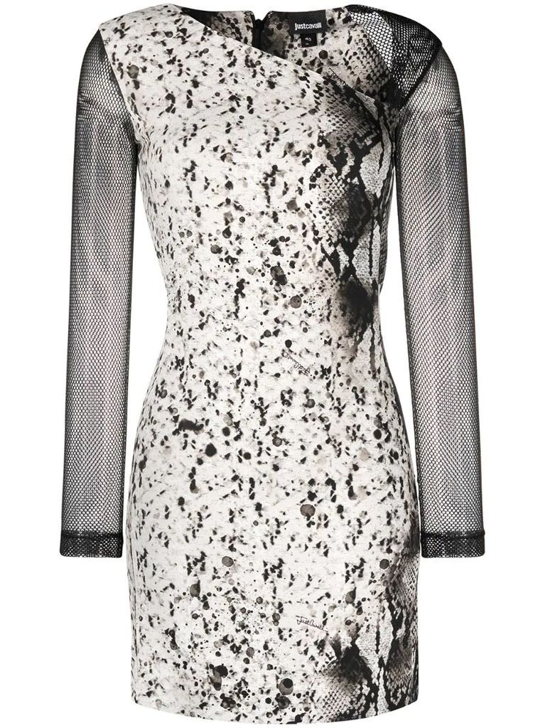 mesh-sleeve snakeskin-print dress