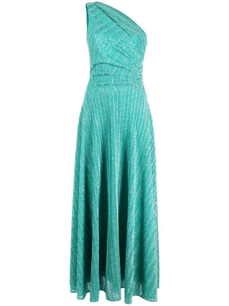 metallic-threaded one-shoulder long dress