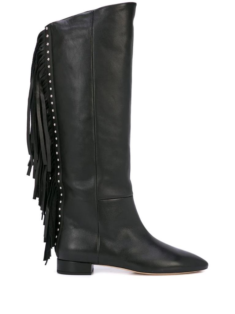 fringed stud detail knee-high boots