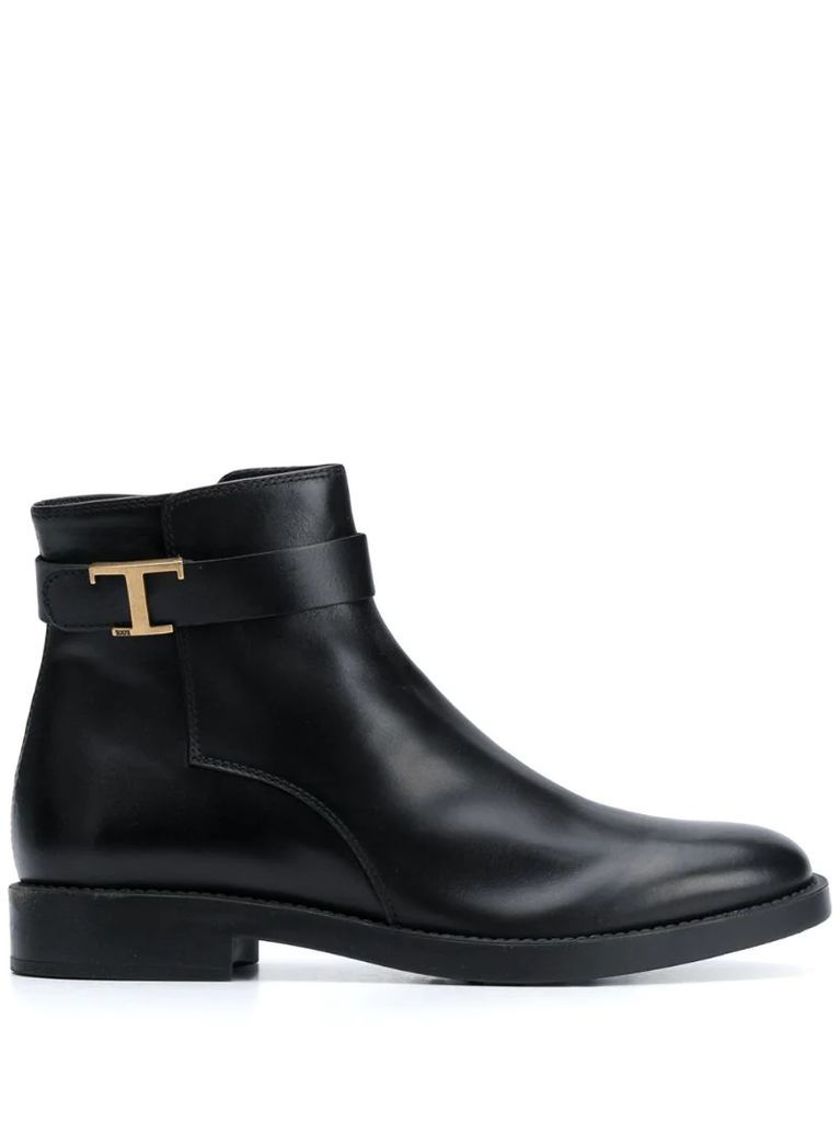 T-buckle leather ankle boots