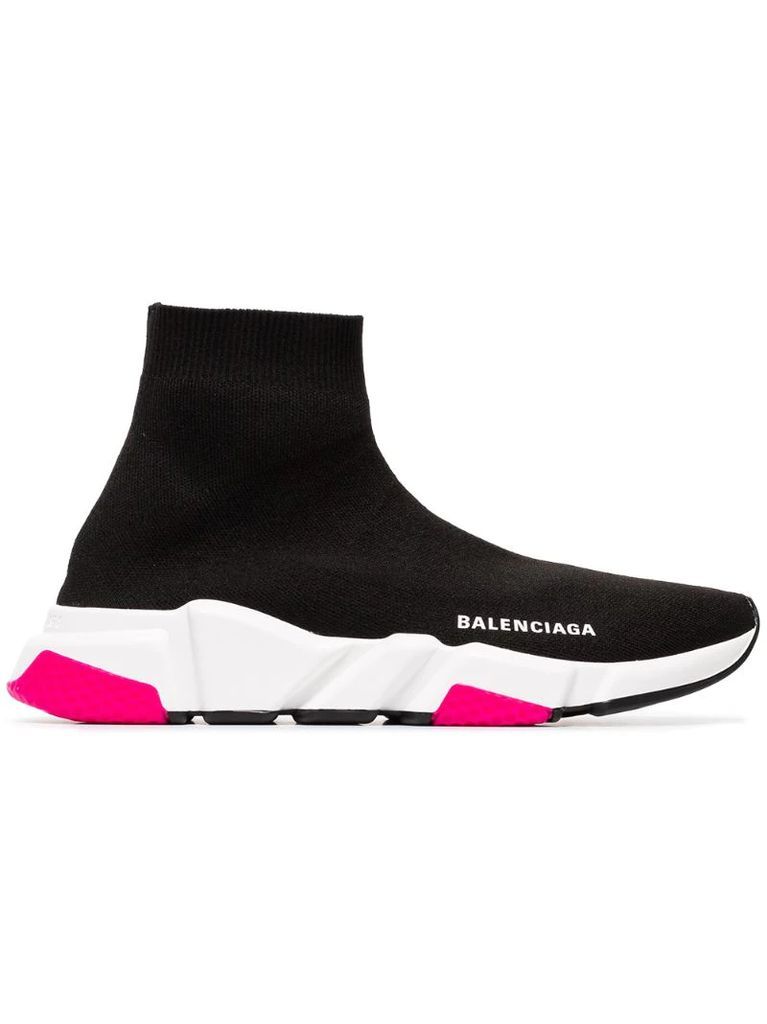 black, white and pink speed knitted high top sneakers