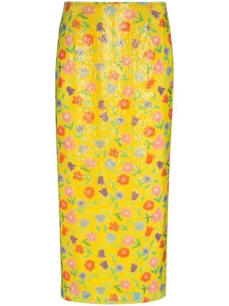 sequinned floral-print midi skirt
