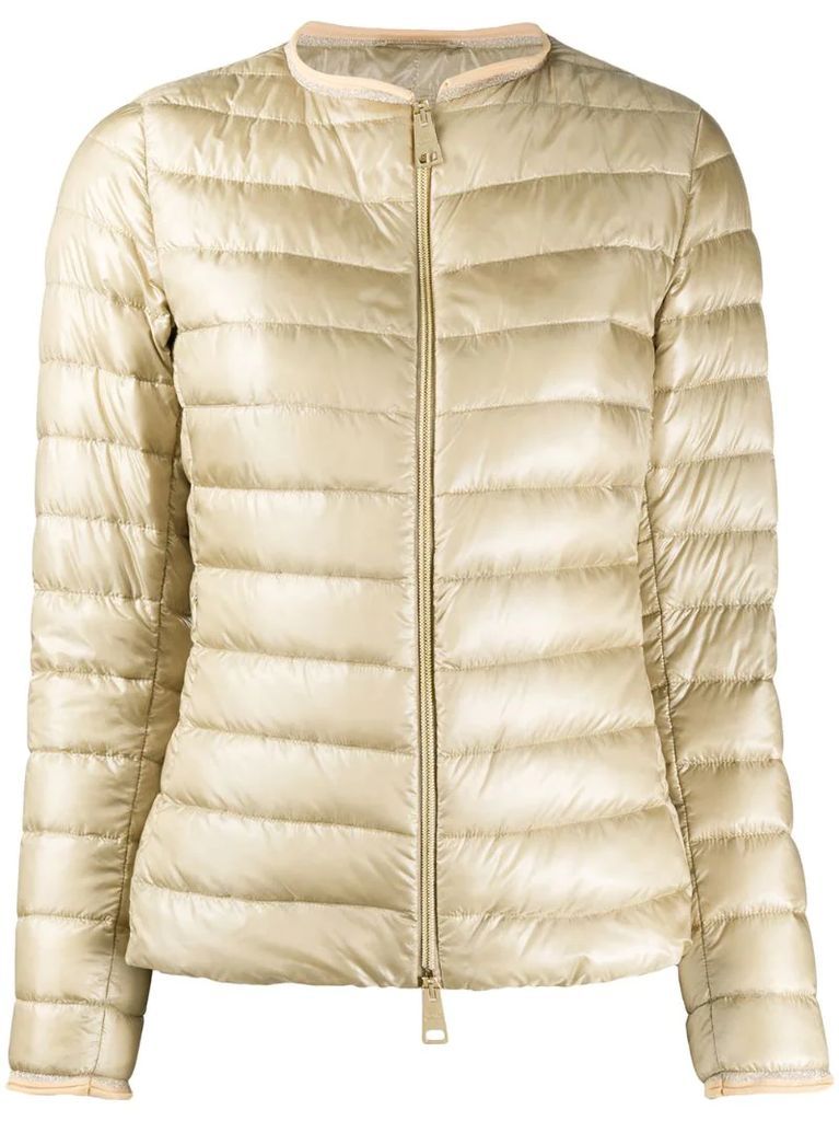 collarless quilted-down jacket