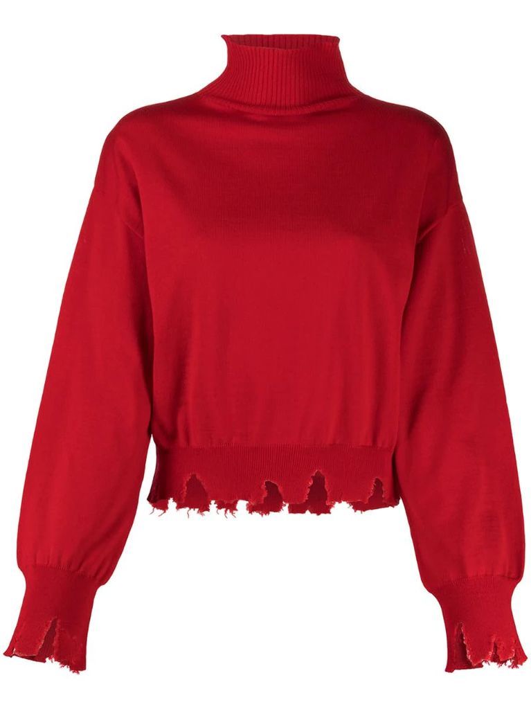 distressed turtle-neck jumper