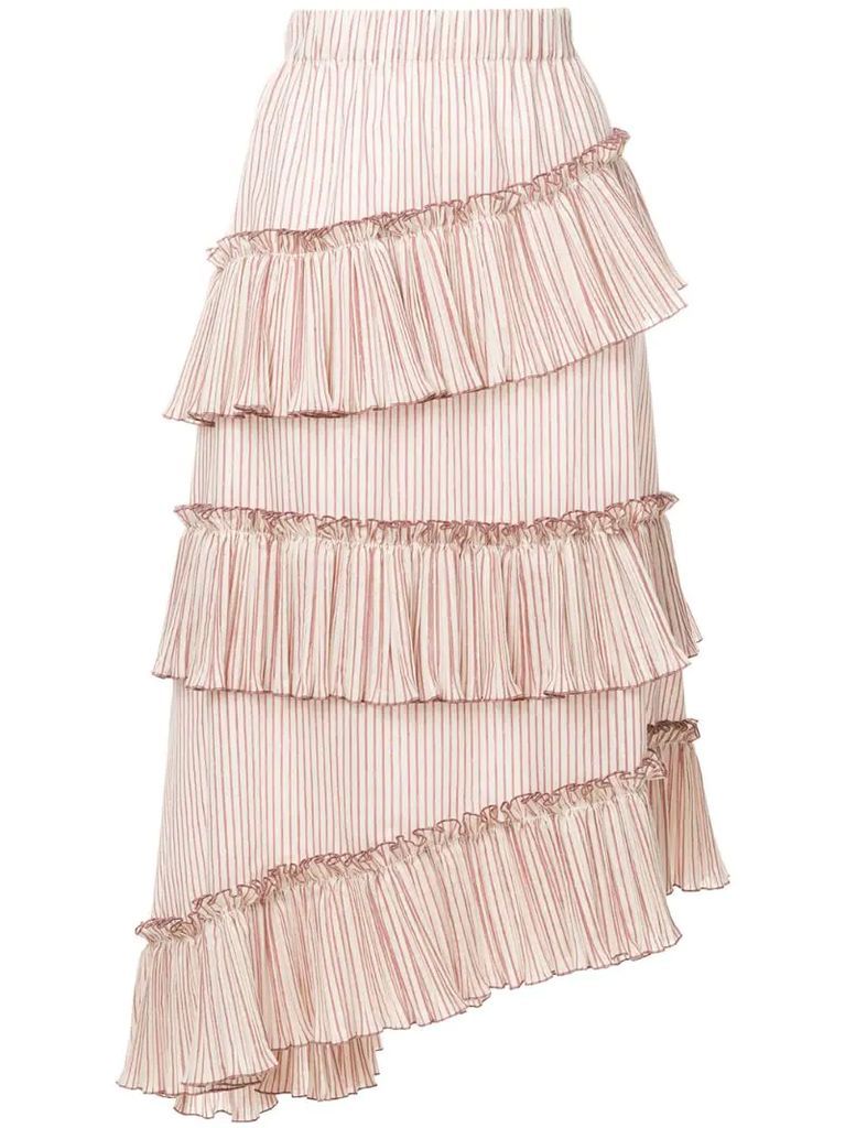 striped asymmetric frill trim midi skirt