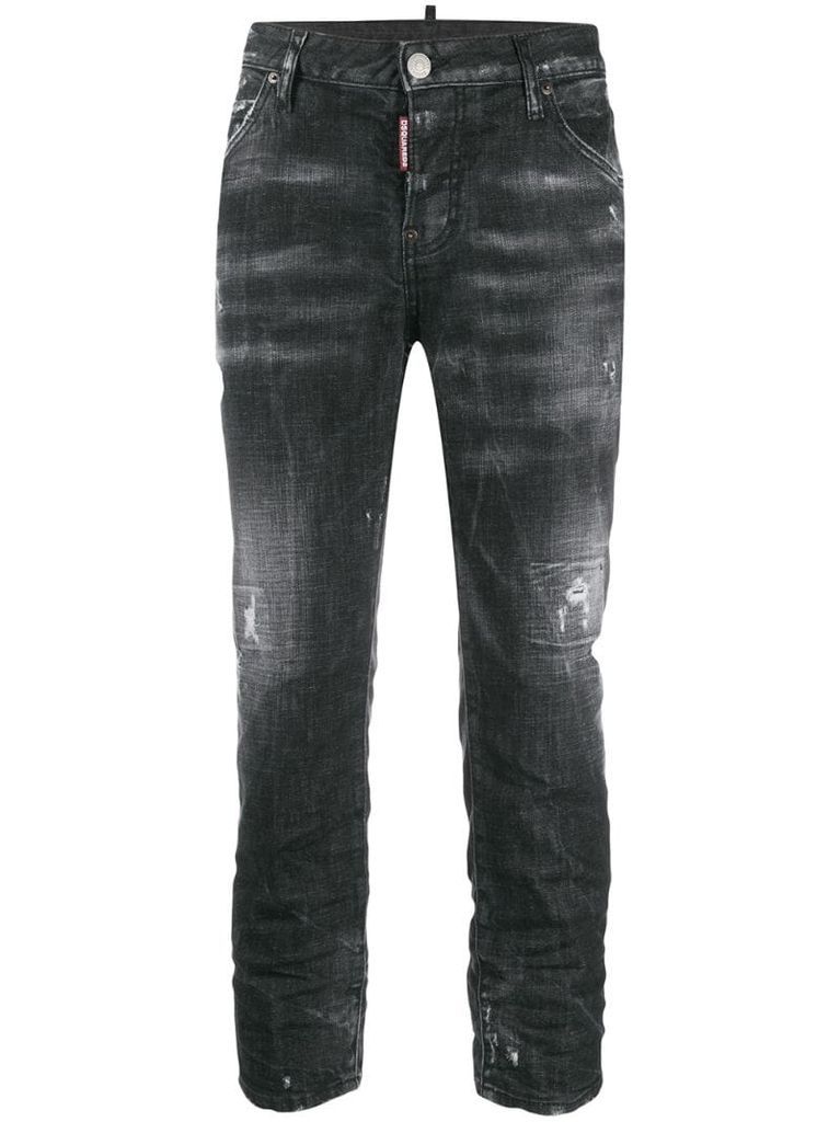 distressed effect mid rise jeans