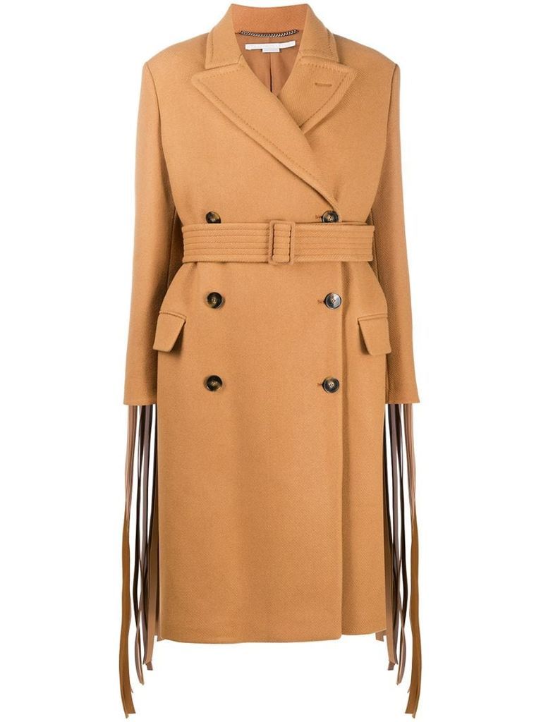 fringed-sleeve double-breasted wool coat