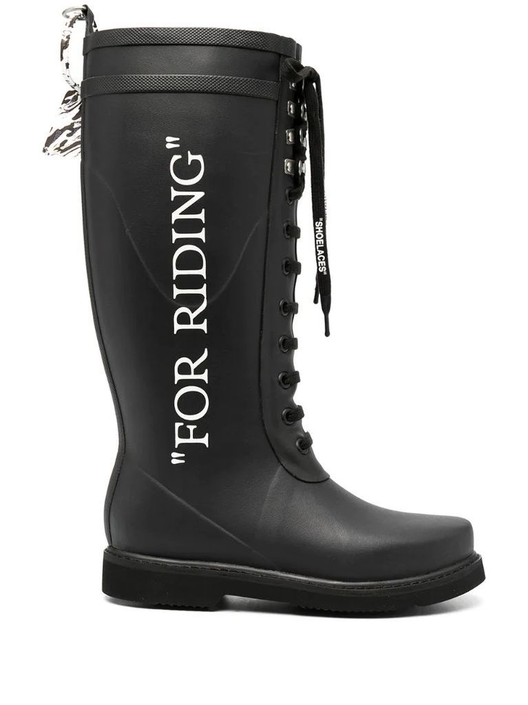 quote-motif lace-up riding boots