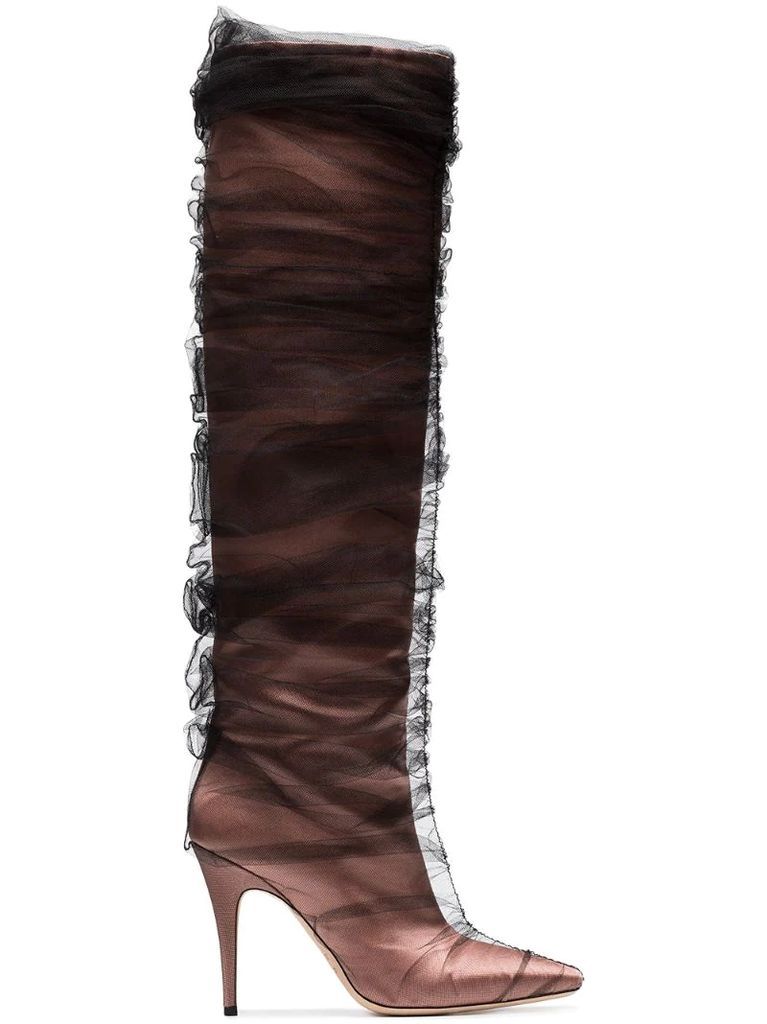 C/O Jimmy Choo Black Elisabeth 100 Tulle Wrapped Satin Boots