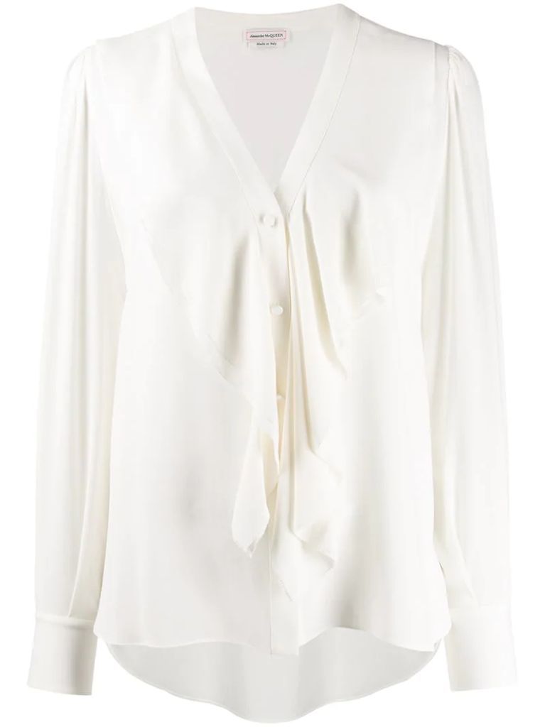 ruffle-front long-sleeve blouse