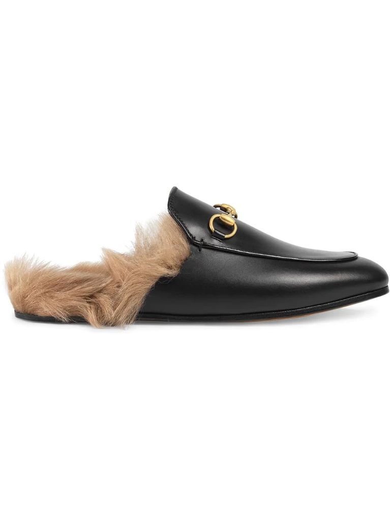 Black Princetown leather fur lined mules