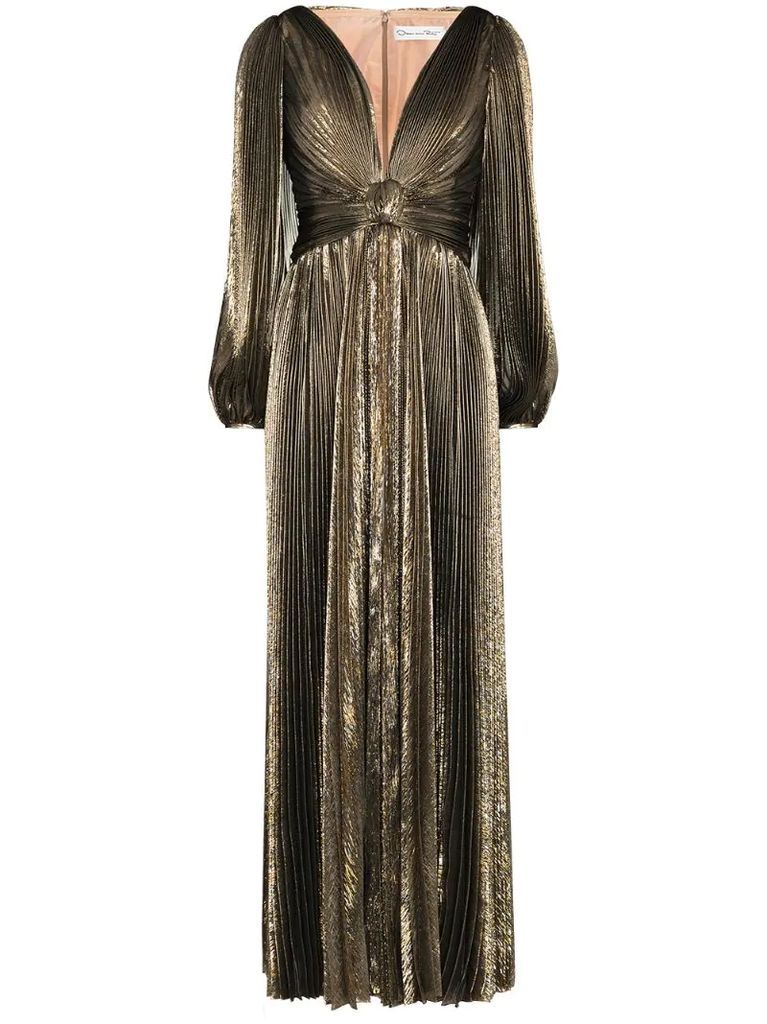 metallic pleated V-neck gown