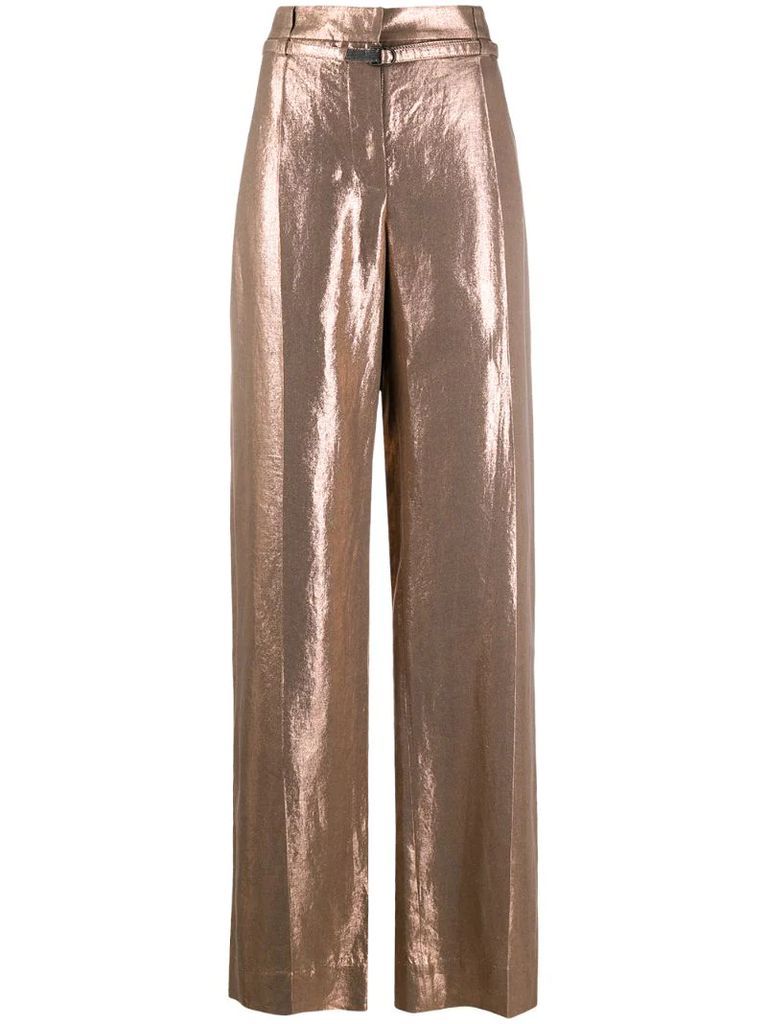 metallic-finish wide-leg trousers