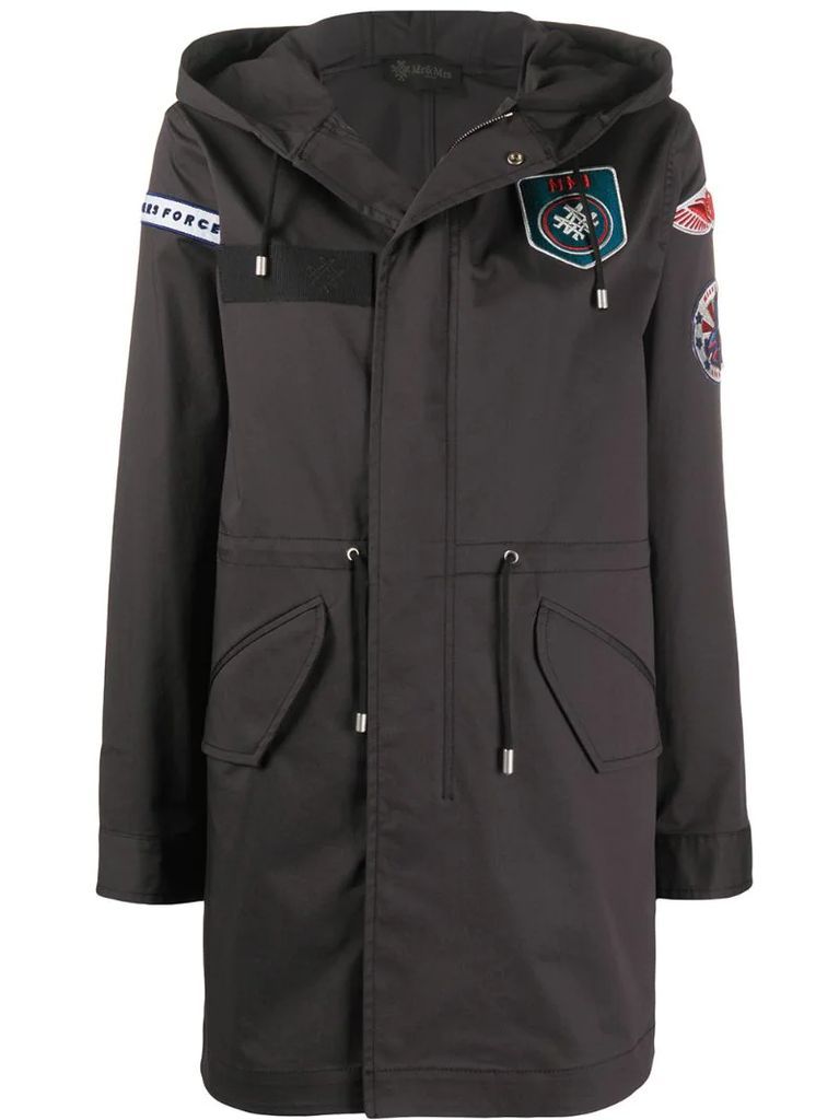 multiple-patch hooded coat