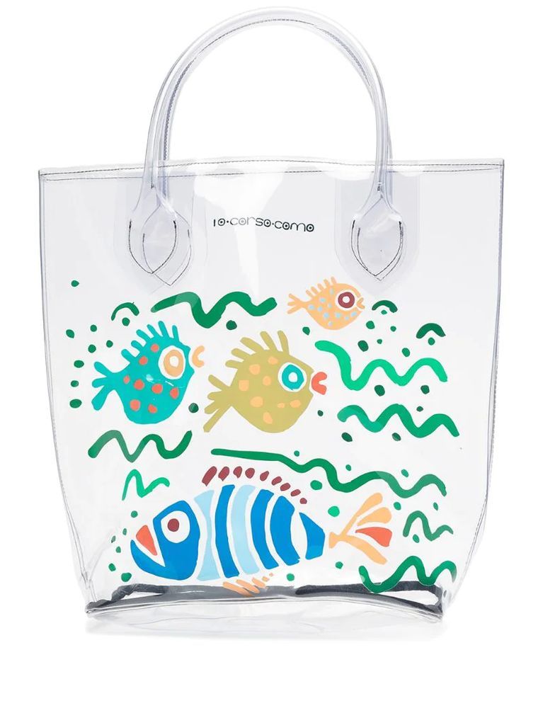 large fish-print transparent tote bag