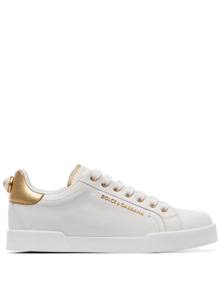 white pearl embellished leather sneakers