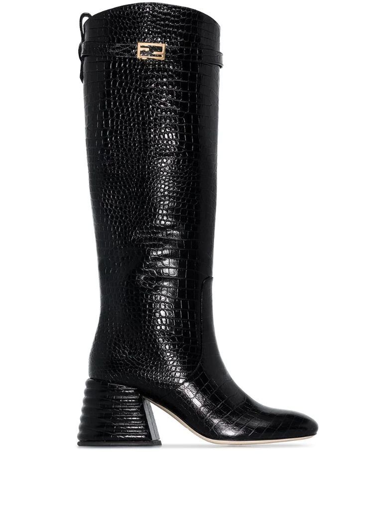 logo-plaque crocodile-embossed knee-high boots