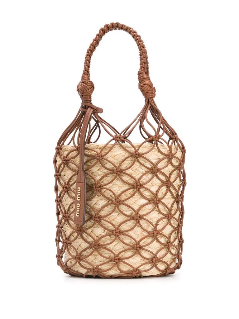 netted straw bucket bag