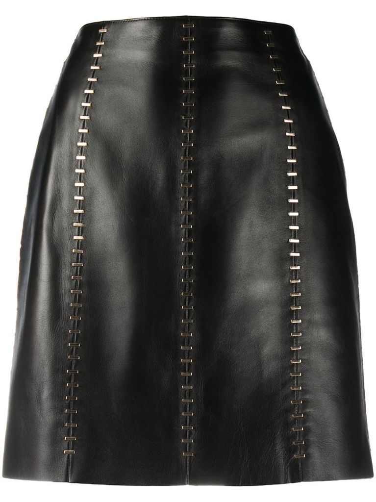 stapled leather mini skirt