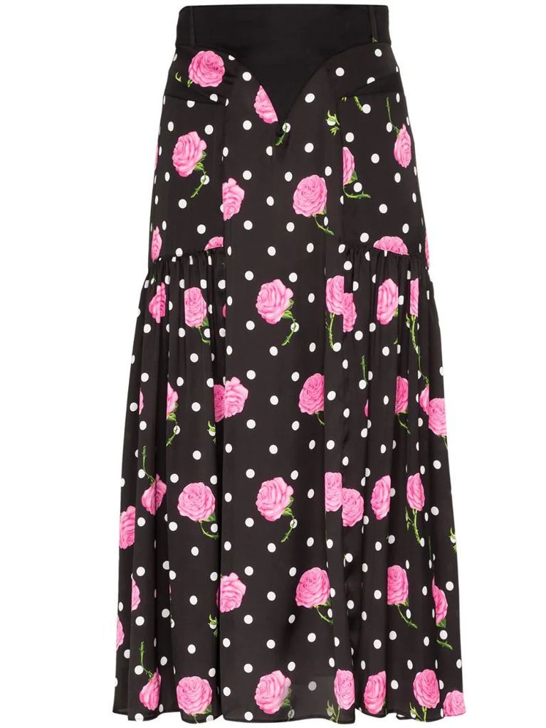 Floral polka dot flared skirt
