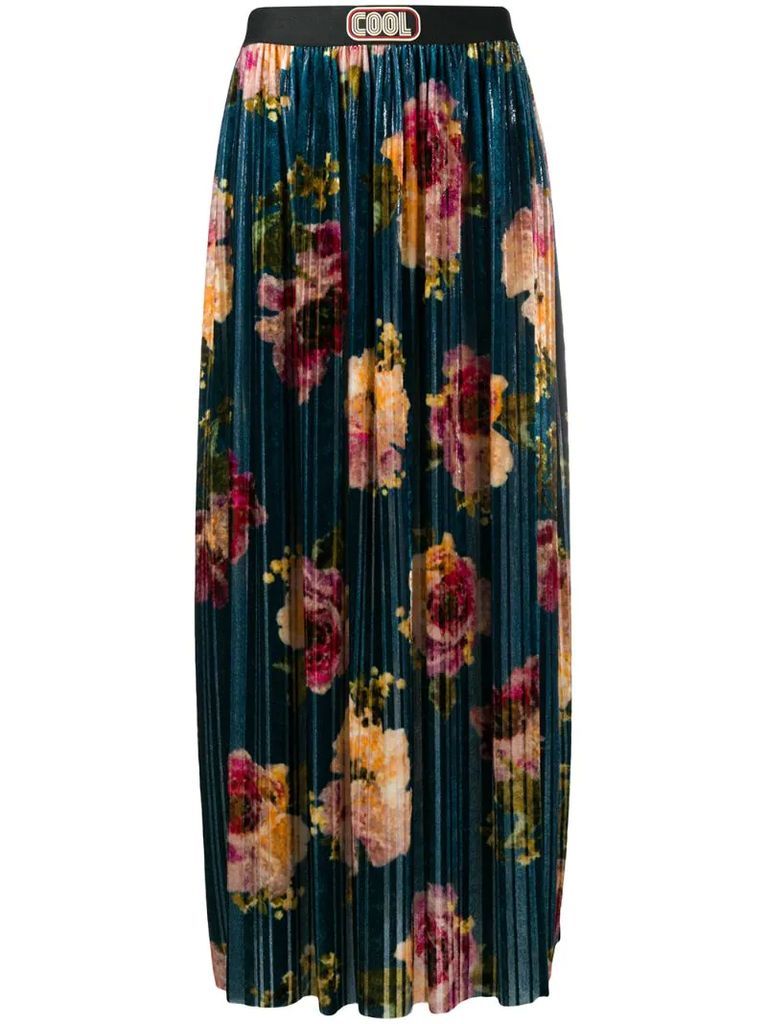 floral print velvet pleated skirt
