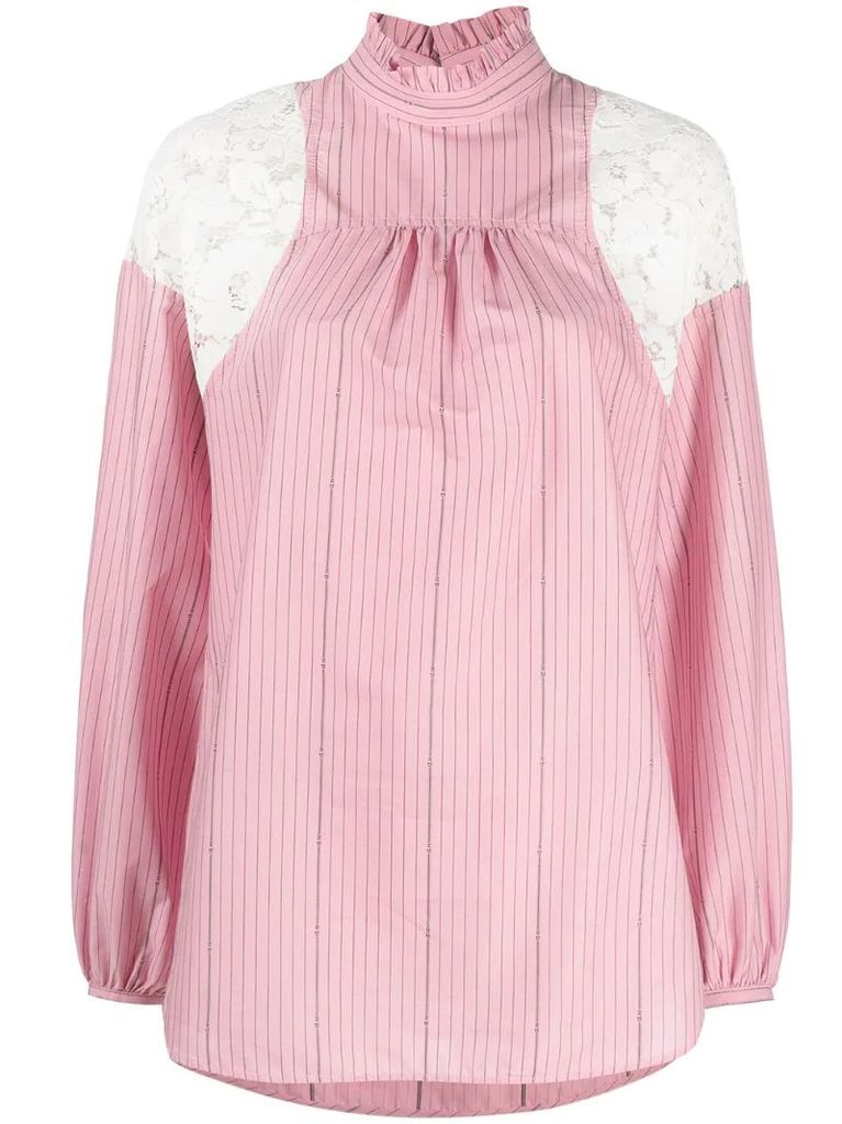 lace-panelled pinstriped blouse