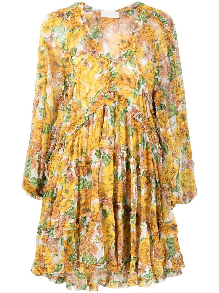 all-over floral print flared silk dress