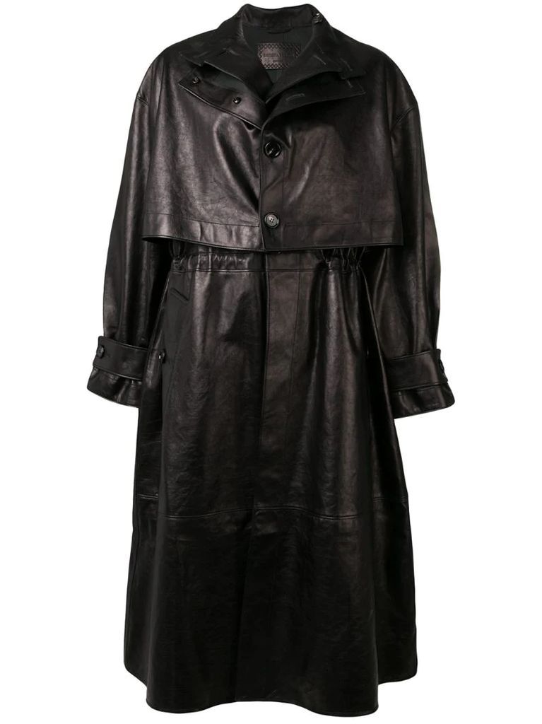 single-breasted leather trench coat