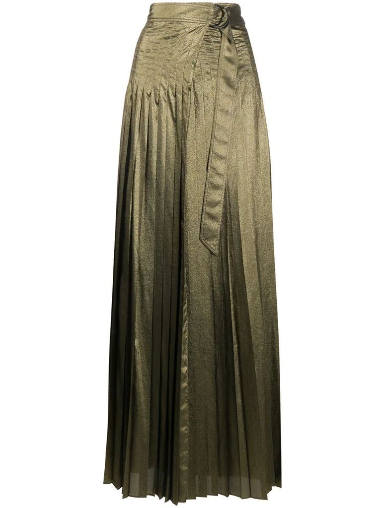 belted long pleated skirt
