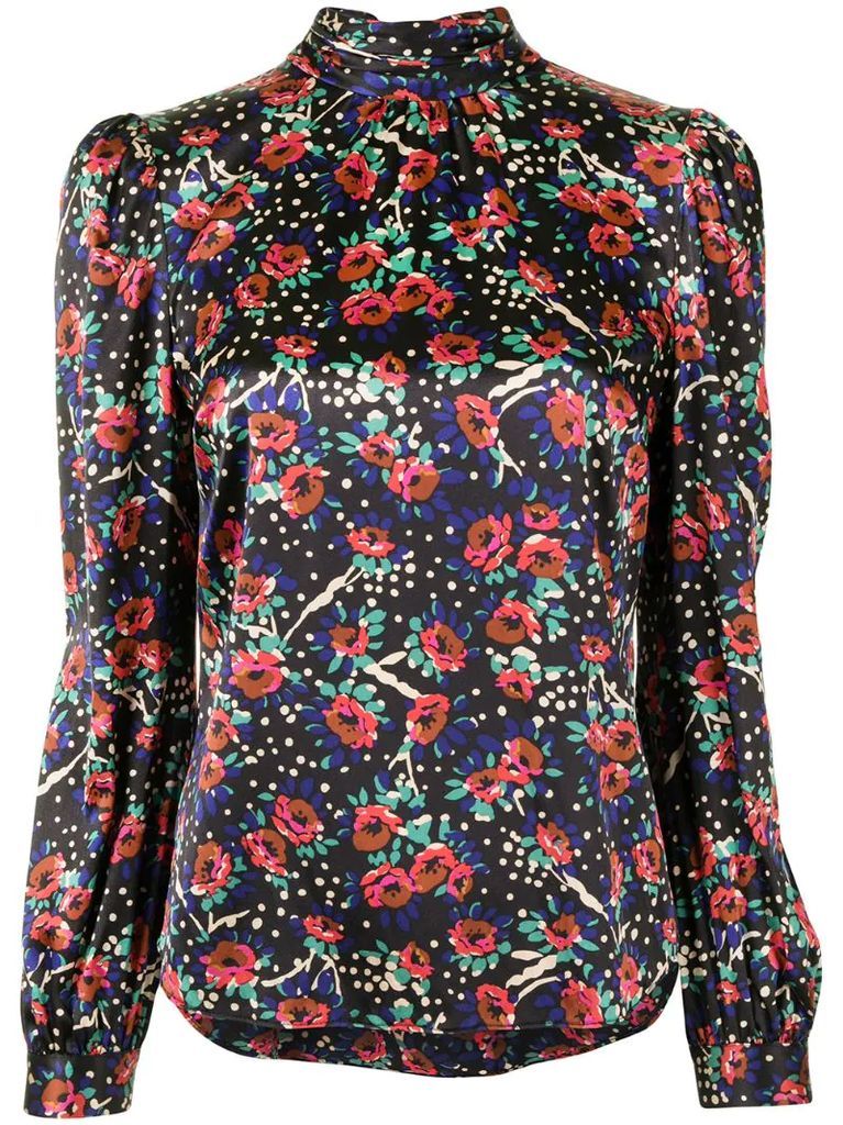 floral-print high neck silk blouse