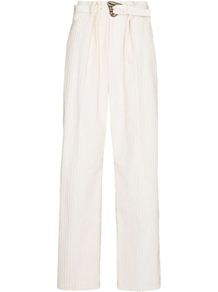 belted-waist corduroy flared trousers