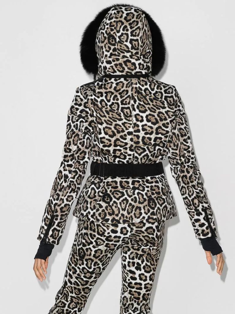 leopard-print faux fur-trim ski jacket