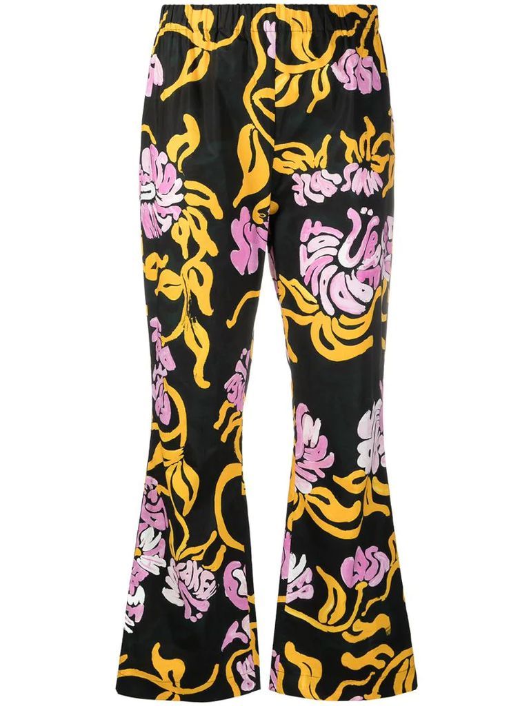 floral-print flared trousers