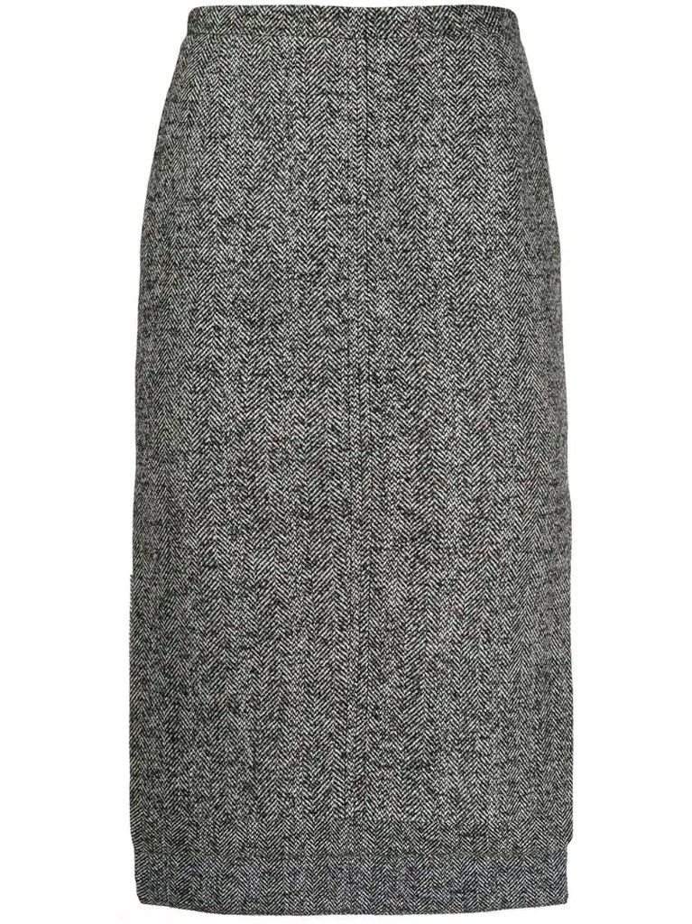 Herringbone tweed step-hem skirt