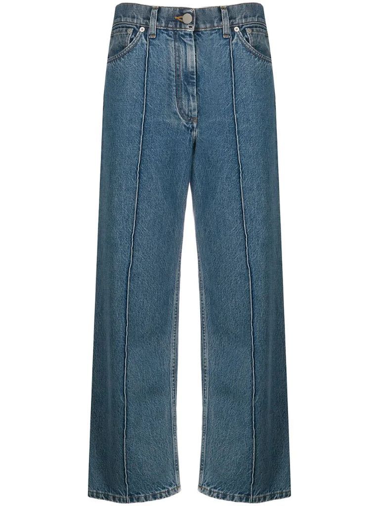 wide-leg cropped pintuck jeans