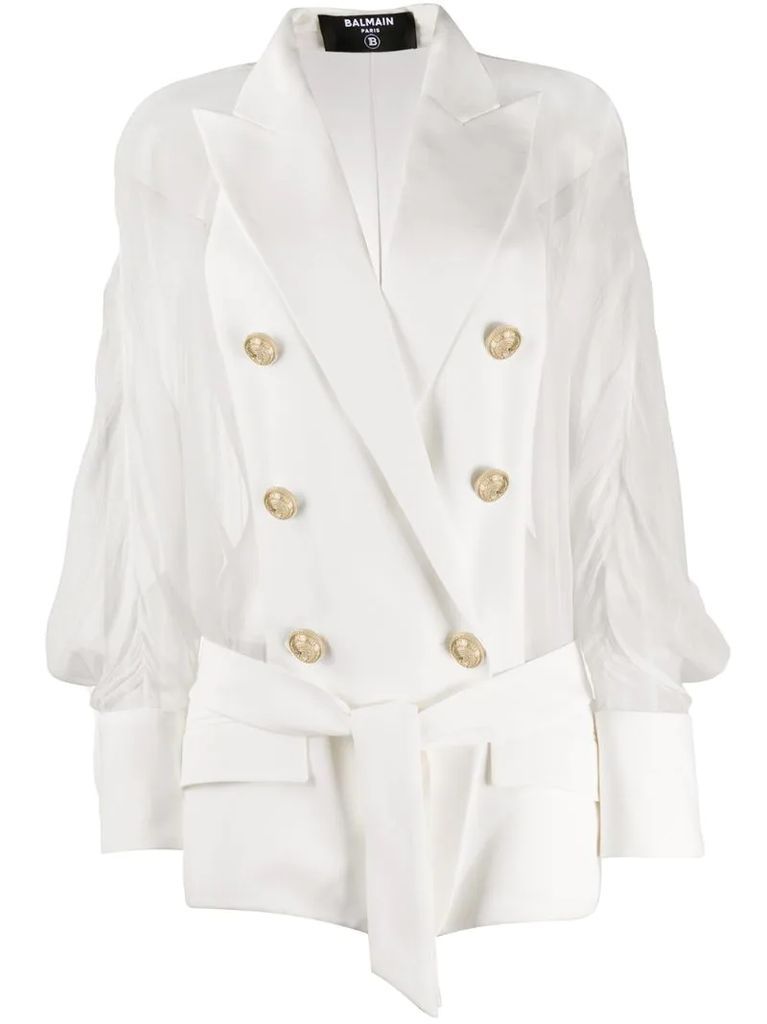 sheer panel double-breasted silk blazer