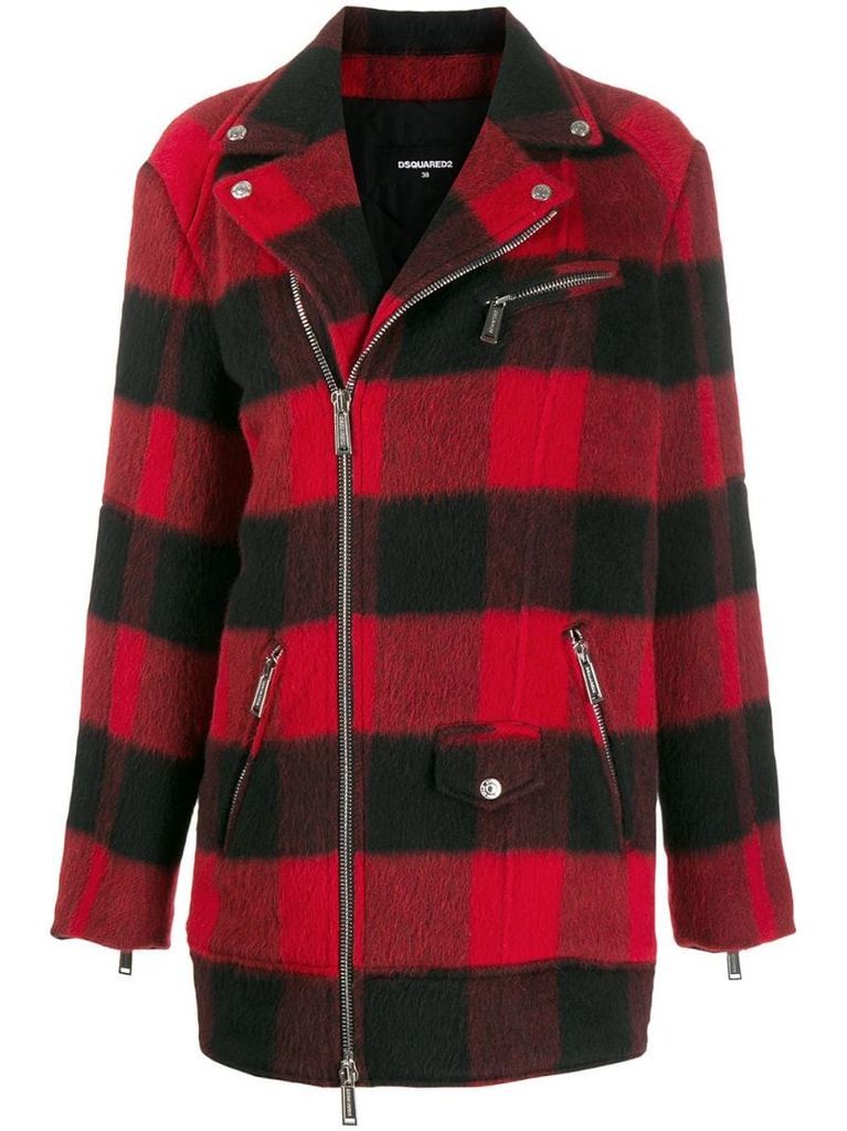 check-pattern zipped coat