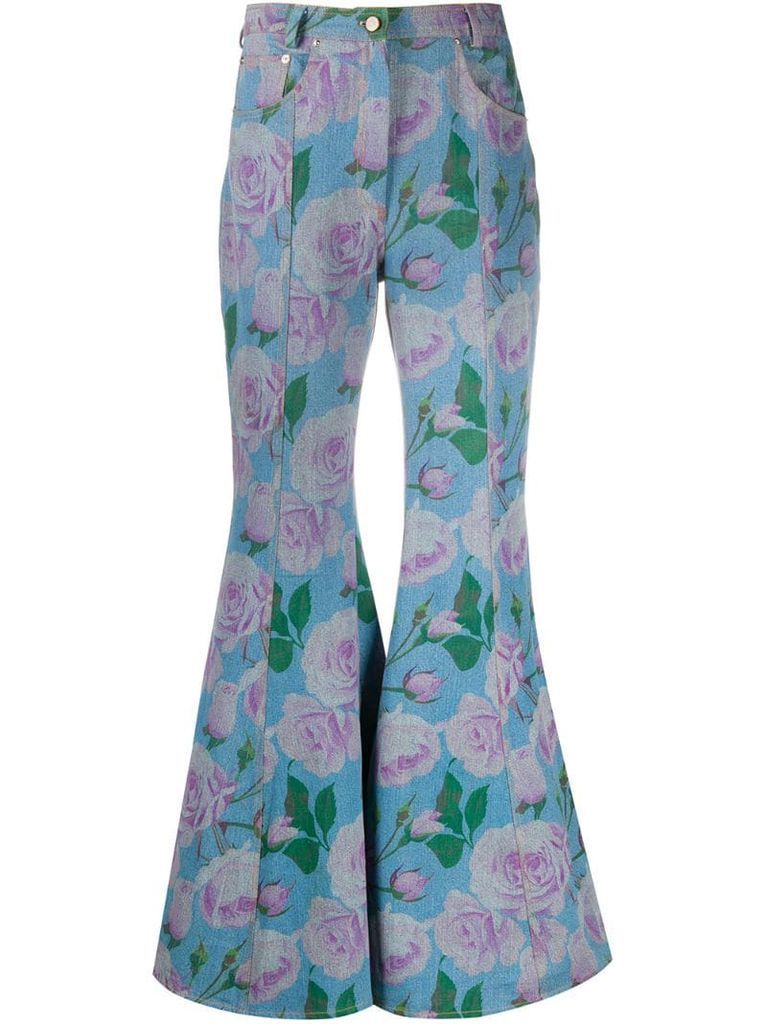 high rise flared floral print jeans