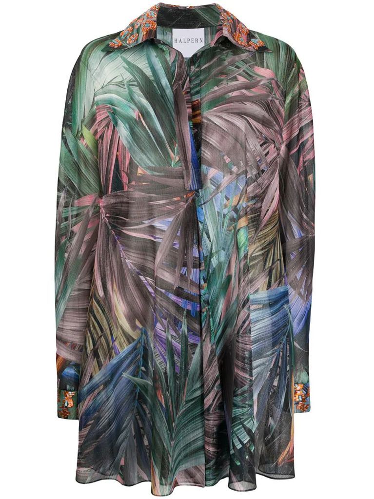 palm leaf-print shirt dress
