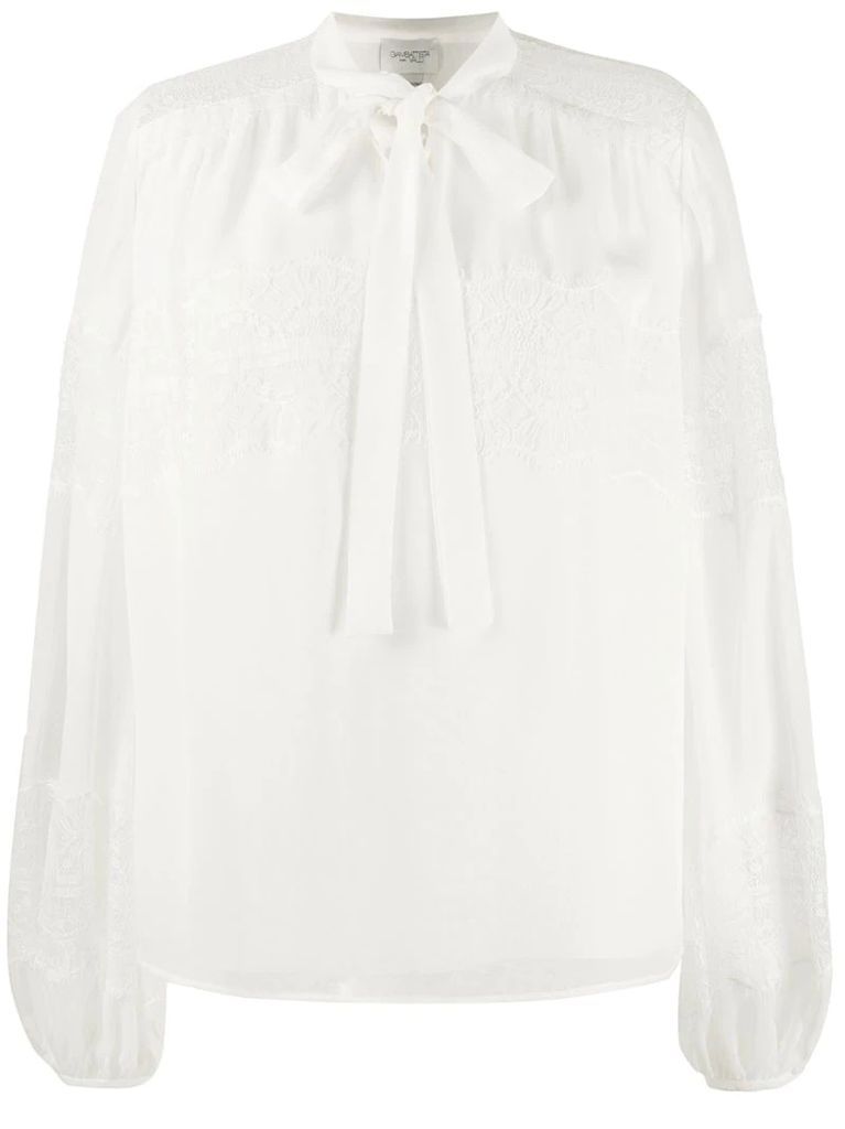 lace-insert balloon-sleeved blouse