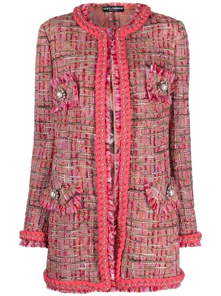 pearl-embellished frayed tweed jacket