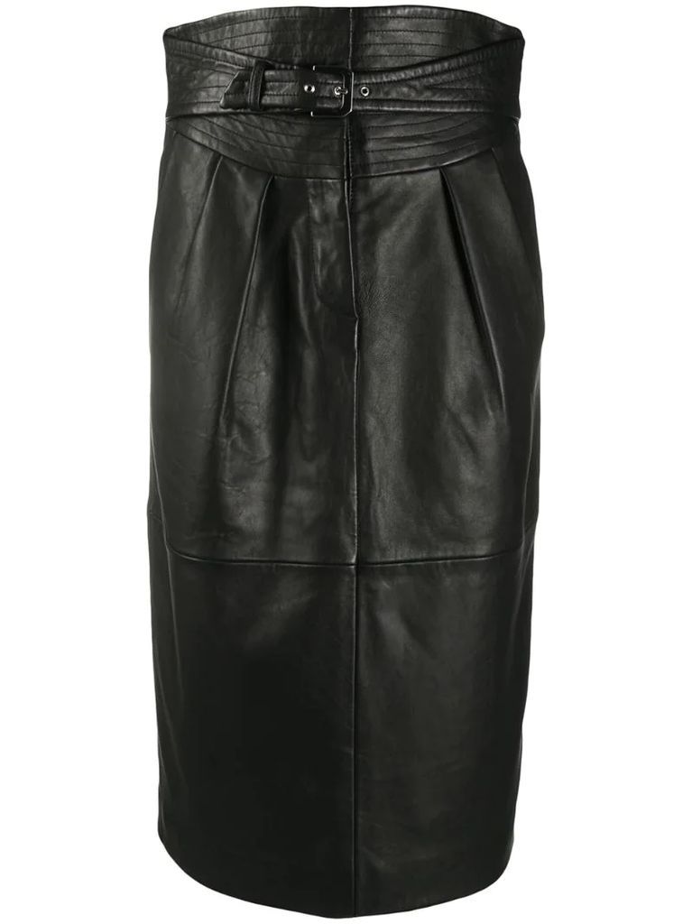 high-waist belted leather skirt