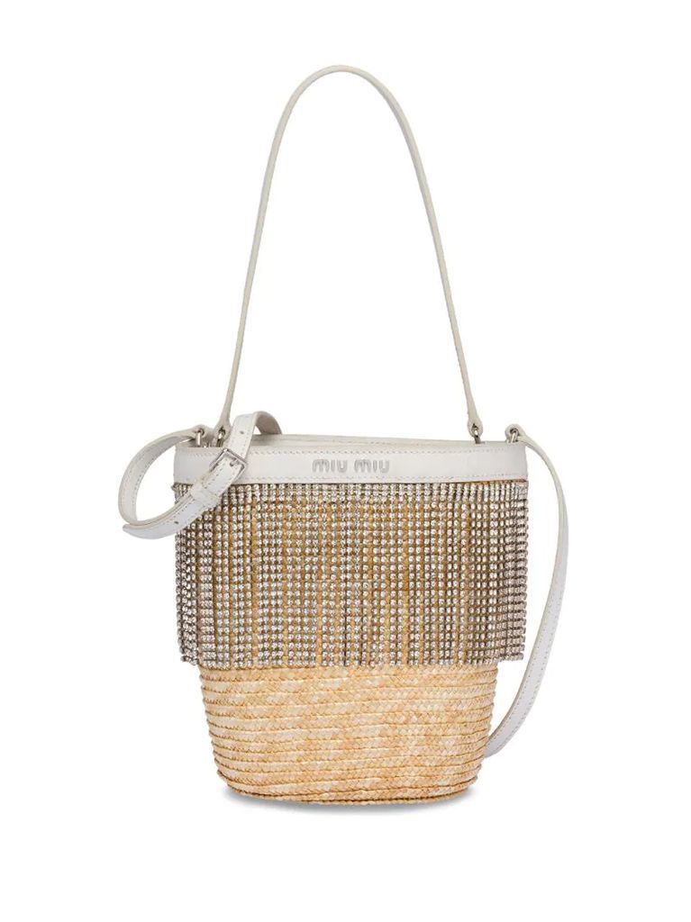crystal-embellished straw bucket bag
