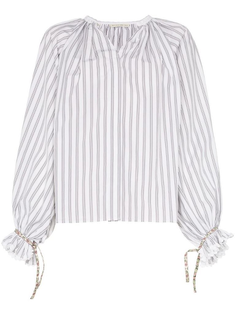 Striped ruffle sleeve cotton blouse