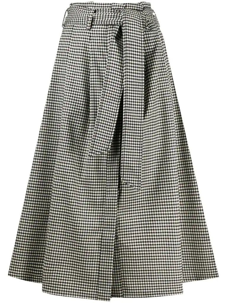 belted A-line check print skirt